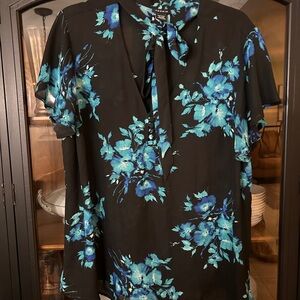 Torrid Black Blouse with Vibrant Blue Floral Design